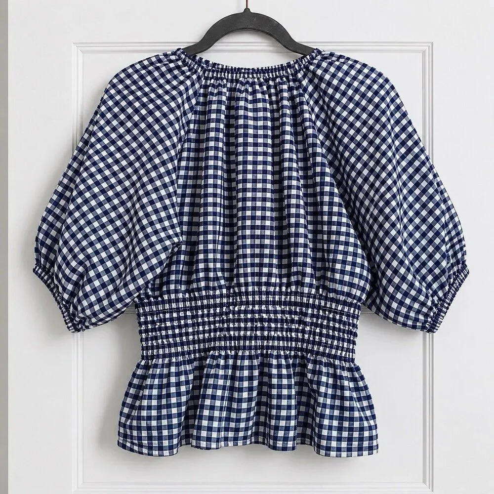 Old Navy Gingham Peplum Top Womens Small Navy White Puff Sleeve Smocked NWOT - Picture 2 of 4